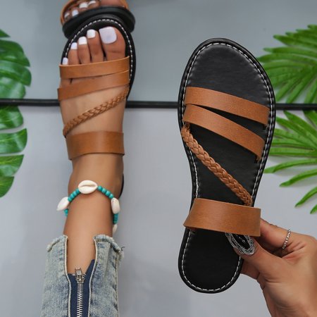 

Women s Casual Outdoor Beach Slides Braided Flat Slide Sandals Open Toe Faux Leather Non Slip Shoes