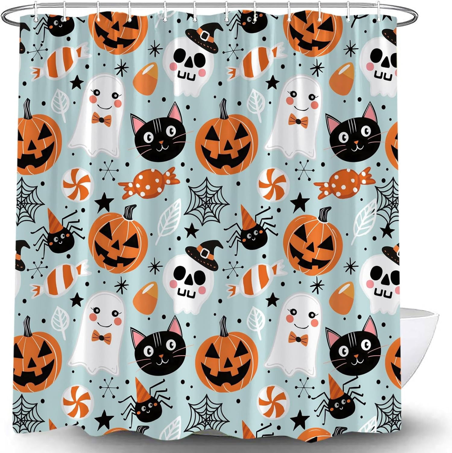 Happy Halloween Shower Curtain Cute Cartoon Pumpkin Spooky Ghost Orange Pumpkin Head Icons Funny Black Cat Spider‘s Web Skull Skeleton Witch Hat Fabric Bath Curtain Set with Hook