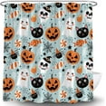 thumbnail image 2 of Happy Halloween Shower Curtain Cute Cartoon Pumpkin Spooky Ghost Orange Pumpkin Head Icons Funny Black Cat Spider‘s Web Skull Skeleton Witch Hat Fabric Bath Curtain Set with Hook, 2 of 4