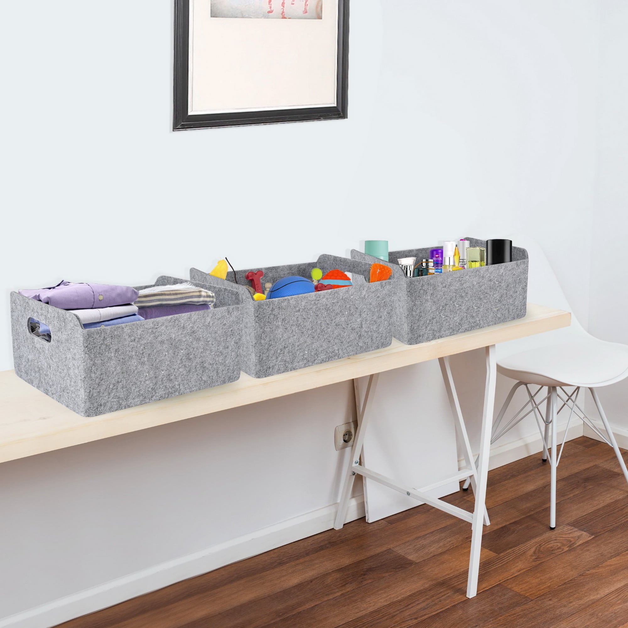 Welaxy Storage Baskets Collapsible Felt Storage bin Foldable Shelf Drawers Organizers Bins organizie Box with Handles for Kids Toys pet Toy Books Clothes Makeup Junk organise (Gray x 3)