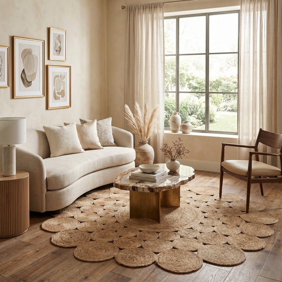 Harlow Hill Cora 6' Round Natural/Brown Solid Hand Braided Reversible Jute Indoor Area Rug