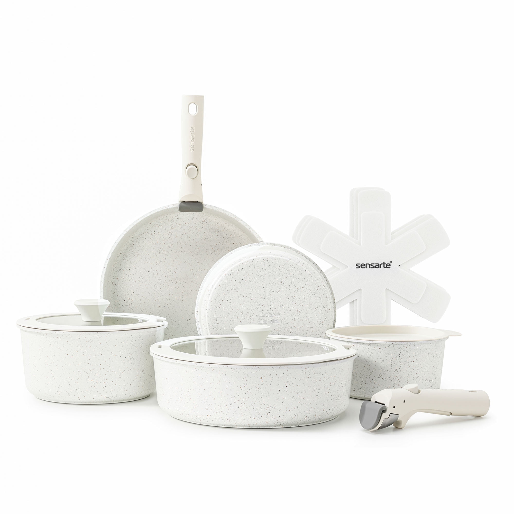 Sensarte Nonstick Induction Cookware Set, 14-Piece Stackable Pots and Pans with Detachable Handle, White