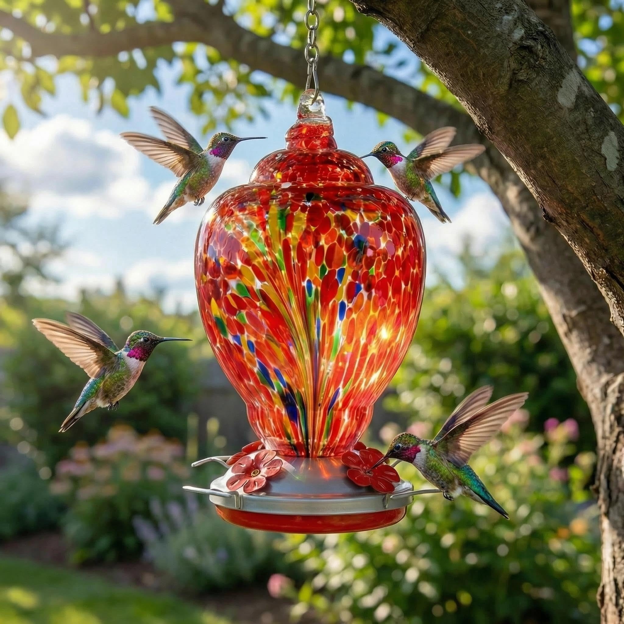 Hummingbird Feeder Red-Firework Hand Blown Glass 32 Ounce Outdoor Patio Use