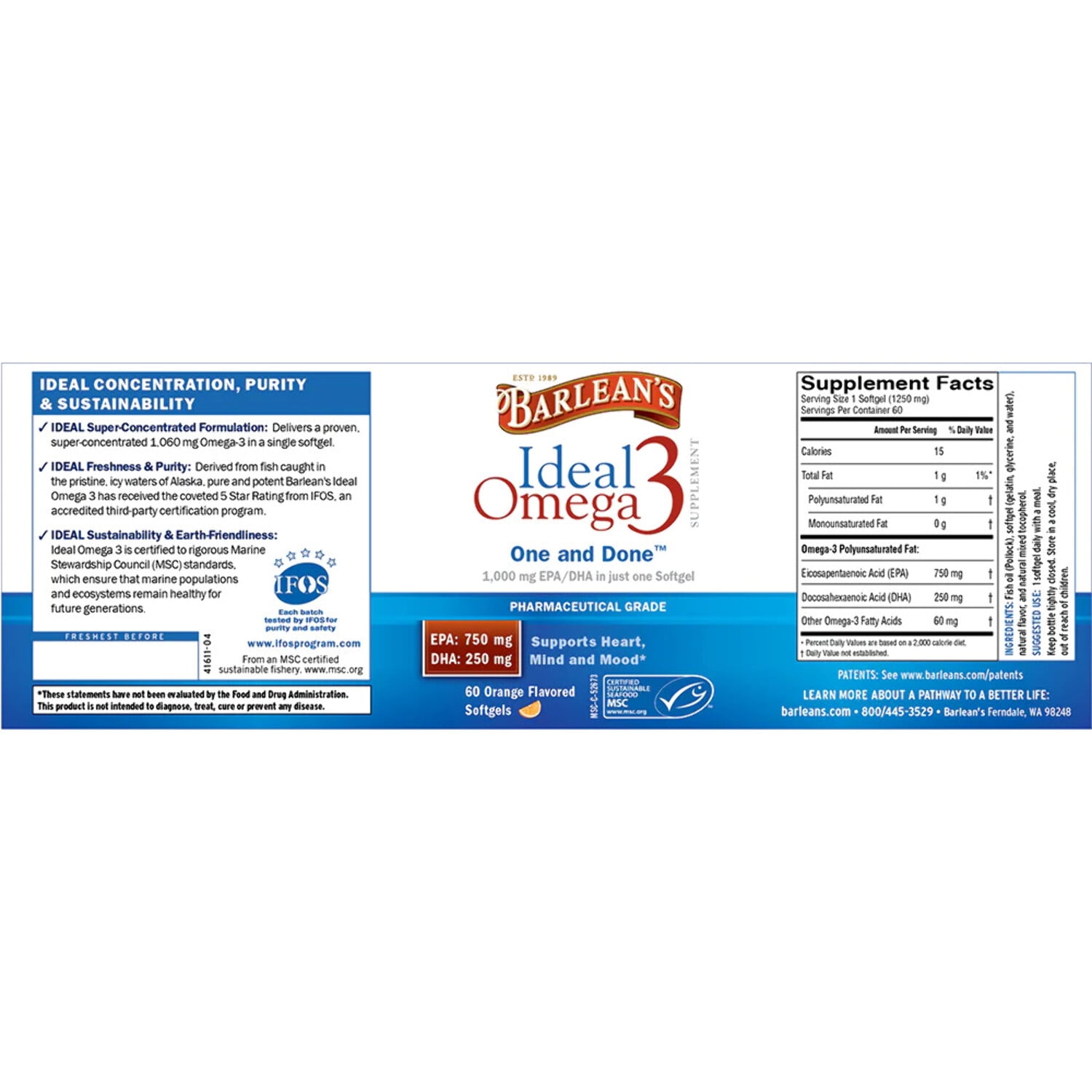 Barlean's Ideal Omega 3 60 Softgels