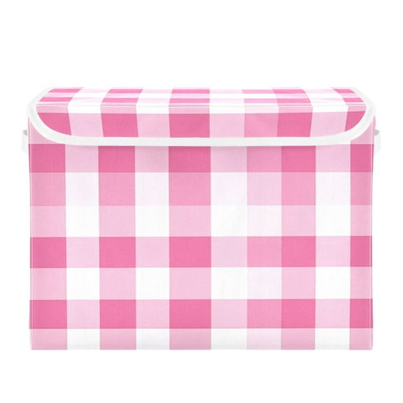 Pink and White Plaid Large Storage Bins with Linen Collapsible Lid Storage Box 16.7 x 12.6 x 11.8in