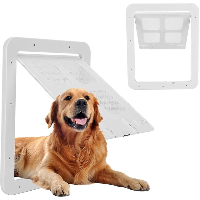 Puerta mosquitera para perros de color blanco (tamaño exterior 29 cm x 24 cm), puerta mosquitera para mascotas con cerradura para perros y cachorros, puerta para perros para puerta mosquitera