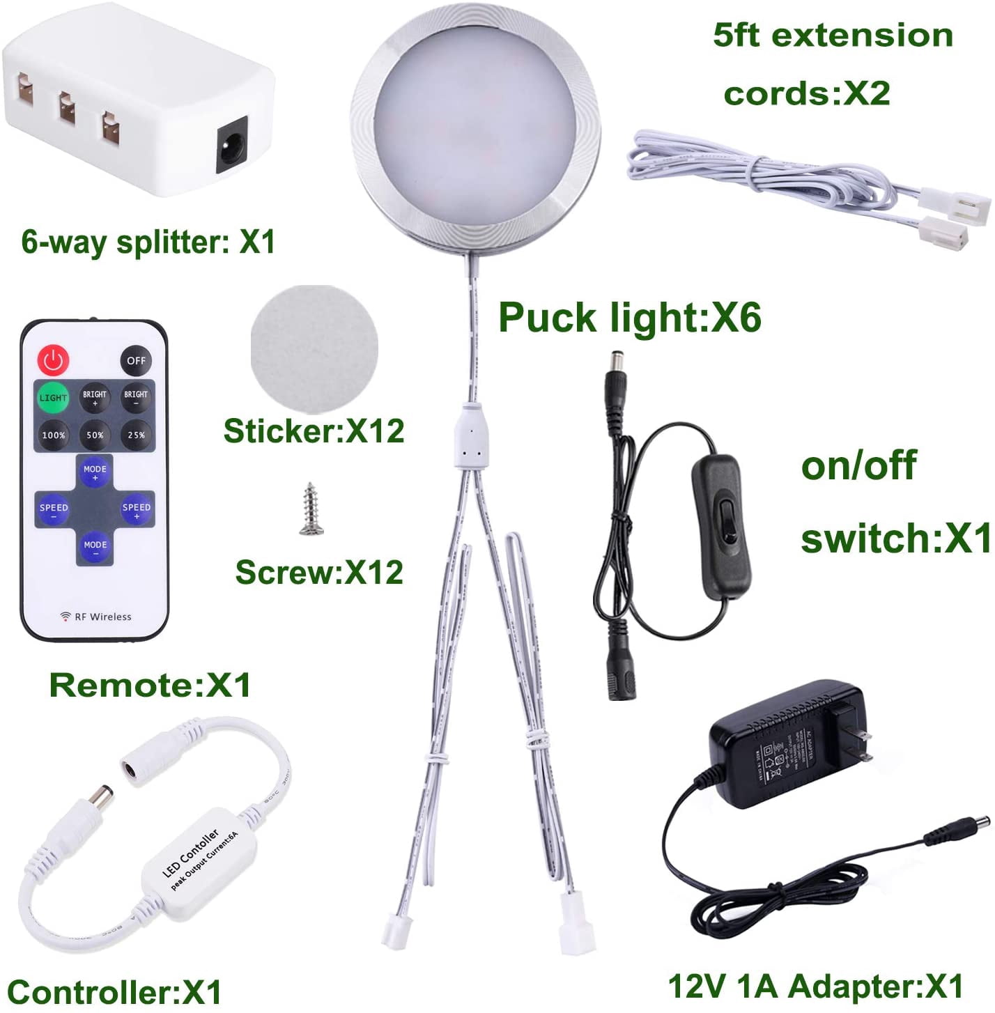 Linkable Under Cabinet LED Puck Lights - 12V Slim Aluminum, Dimmable with RF Remote Control & UL Listed Transformer, Warm White (Set of 6)
