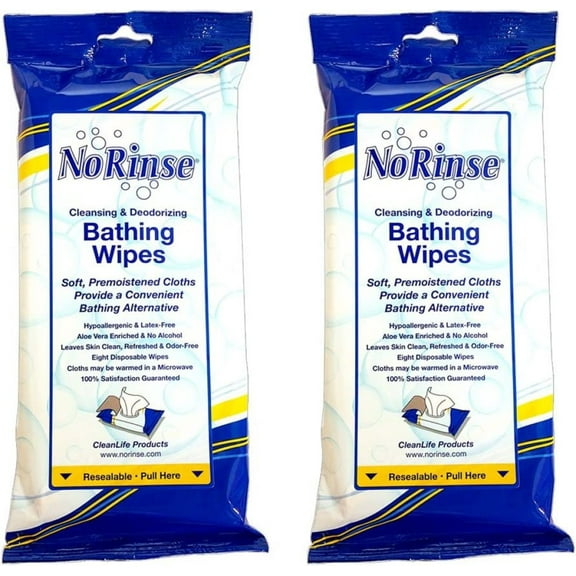No-Rinse Bathing Wipes by Cleanlife Products (Pack of 2), Premoistened and Aloe Vera Enriched for Maximum Cleansing and Deodorizing - Microwaveable, Hypoallergenic and Latex-Free (8 Wipes)