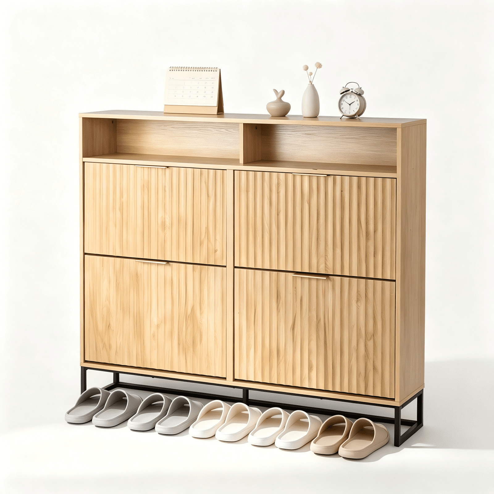 4 Flip-Top Drawer Shoe Cabinet with LED Lighting and Iron Legs