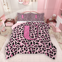 Manfei Pink Leopard 2-Piece Twin Comforter Set - Glitter Initial U/Cheetah Print