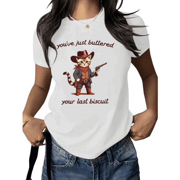 Funny Cat Shirt Print Tshirt Graphic Tees Shirts White Women Cowboy Cat Western Humor Quote Design Casual Summer Tee Size S-5XL Soft Cotton Daily Wear Tops