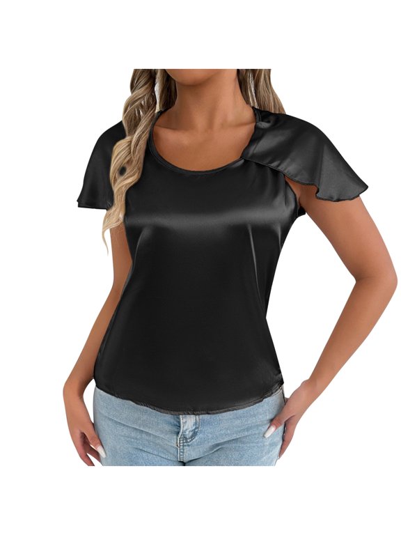 Flutter Sleeve U Neck Slim Tee, Women's Solid Fitted Everyday Summer Blouse