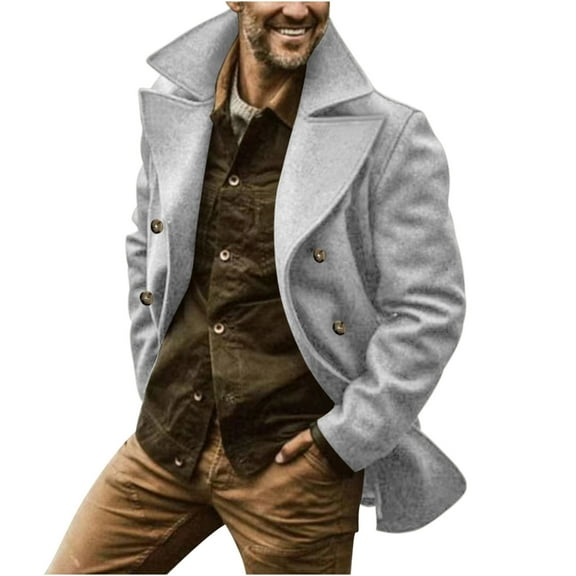 Olyvenn Men's Wool Blend Peacoat Notched Lapel Double Breasted Warm Winter Long Trench Overcoat with Two Welt Pockets Gray 8