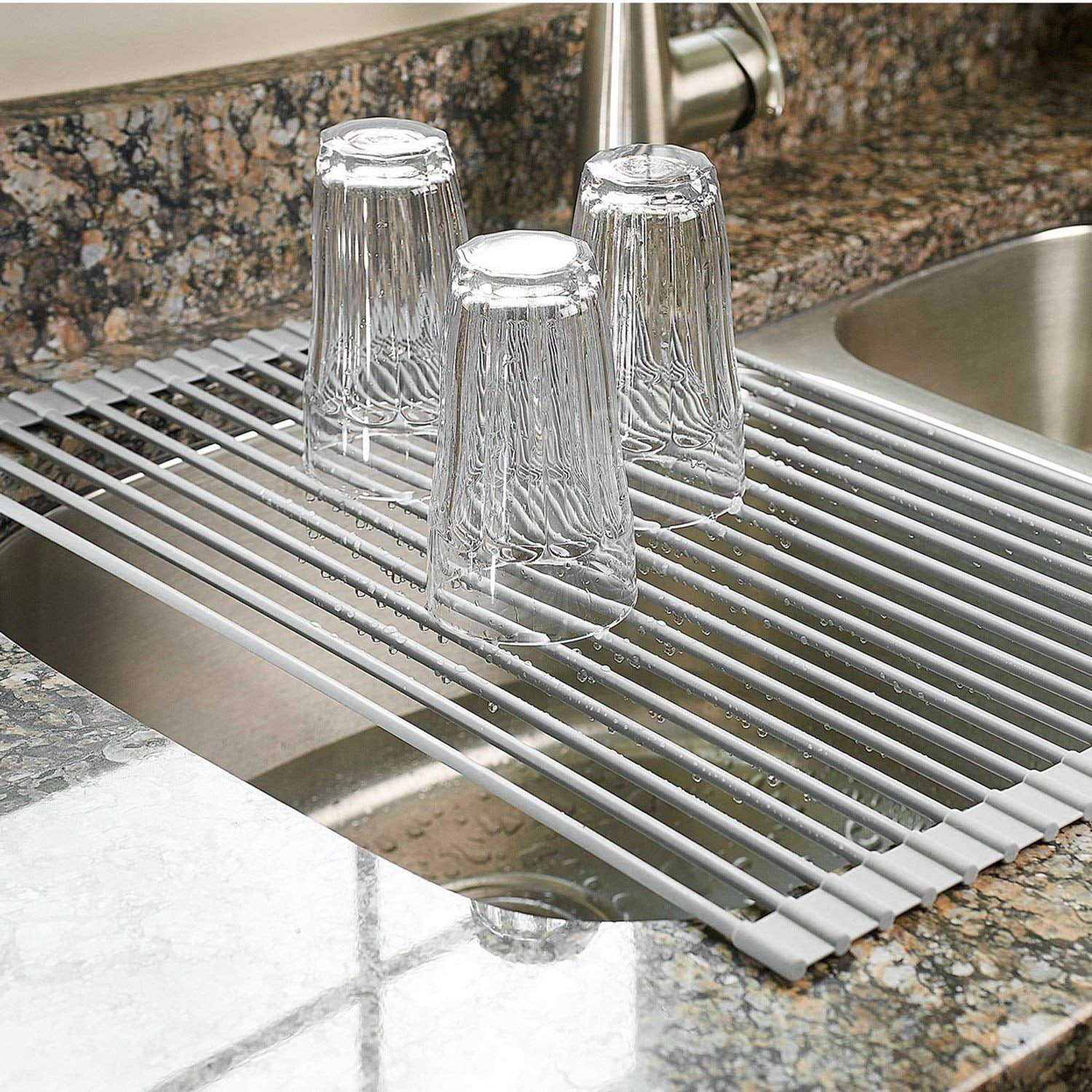 Nilkanth - Over The Sink Multipurpose Roll-Up Dish Drying Rack (Warm Gray, Large)(Stainless Steel;Silicone)