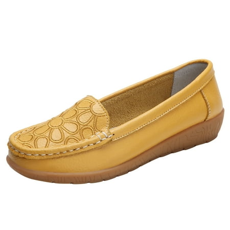 OJSFQUFP Womens Casual Shoes Women Comfort Walking Flat Loafer Slip On Leather Loafer Comfortable Flat Shoes Outdoor Driving Shoes Womens Leather Sneakers Yellow 40