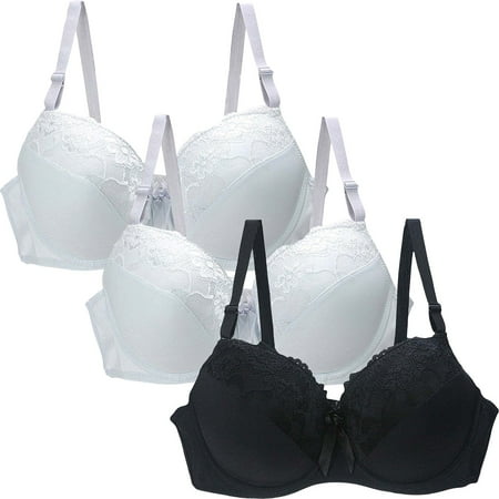 WREESH 3 Pack Women s Push Up Bra with Lace Embroidery Comfort Padded Add 1 Cup Plunge Underwirelift Supportive Bra Black
