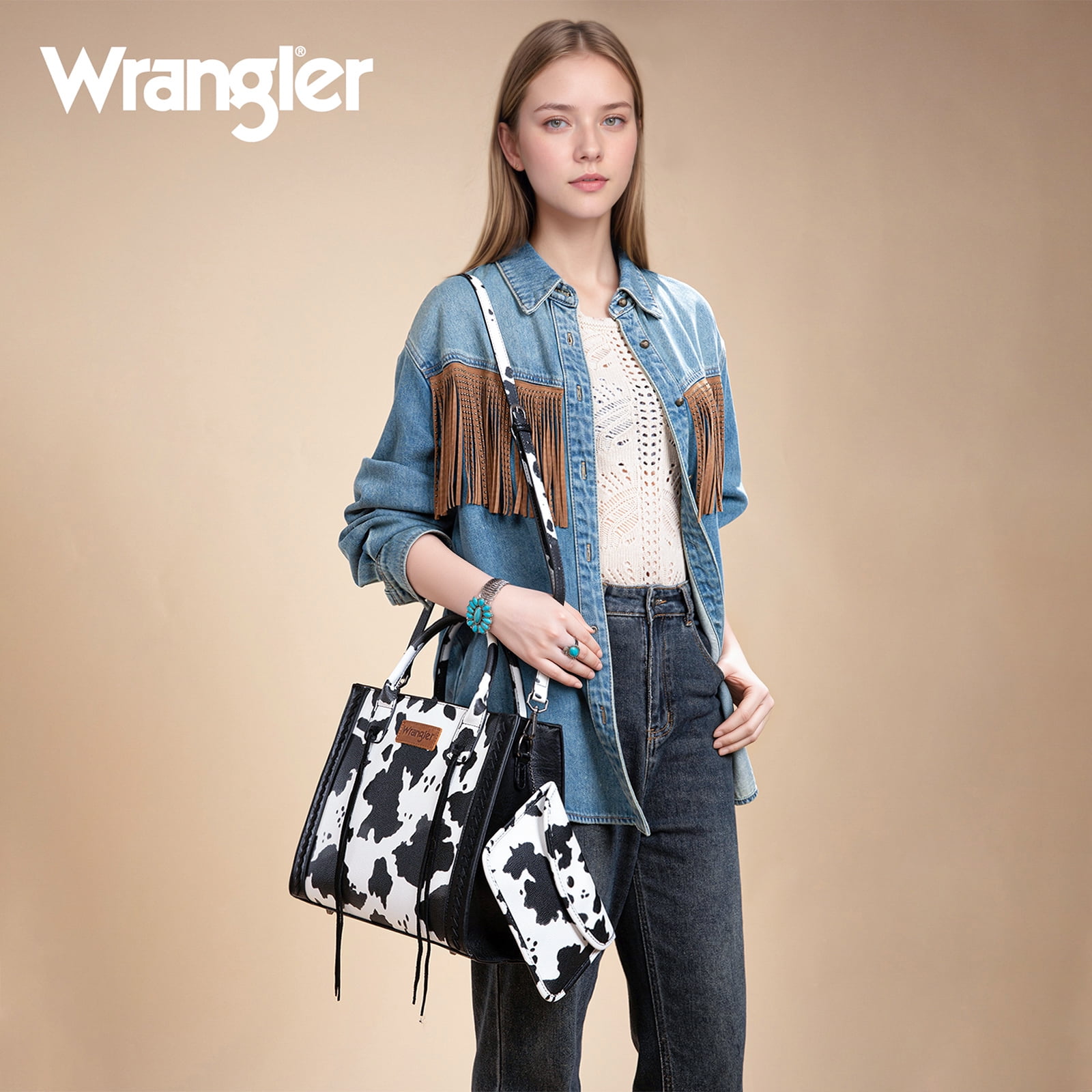 Wrangler Tote Bag for Women Western Cowhide Purse and Wallet Set, COW-Black