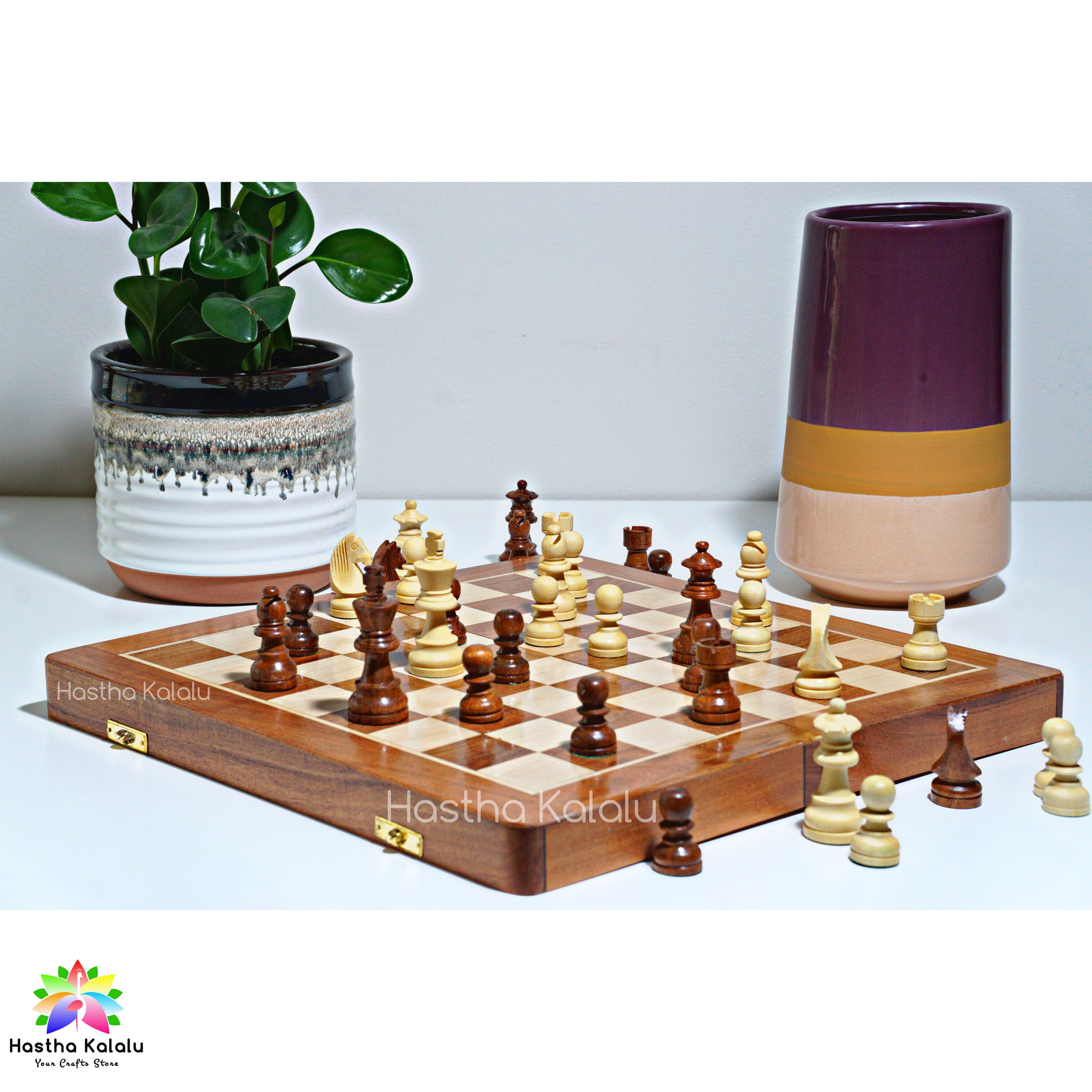 Chess Set 10”x10” Rosewood Handmade Wooden Foldable Magnetic With Storage Slots 