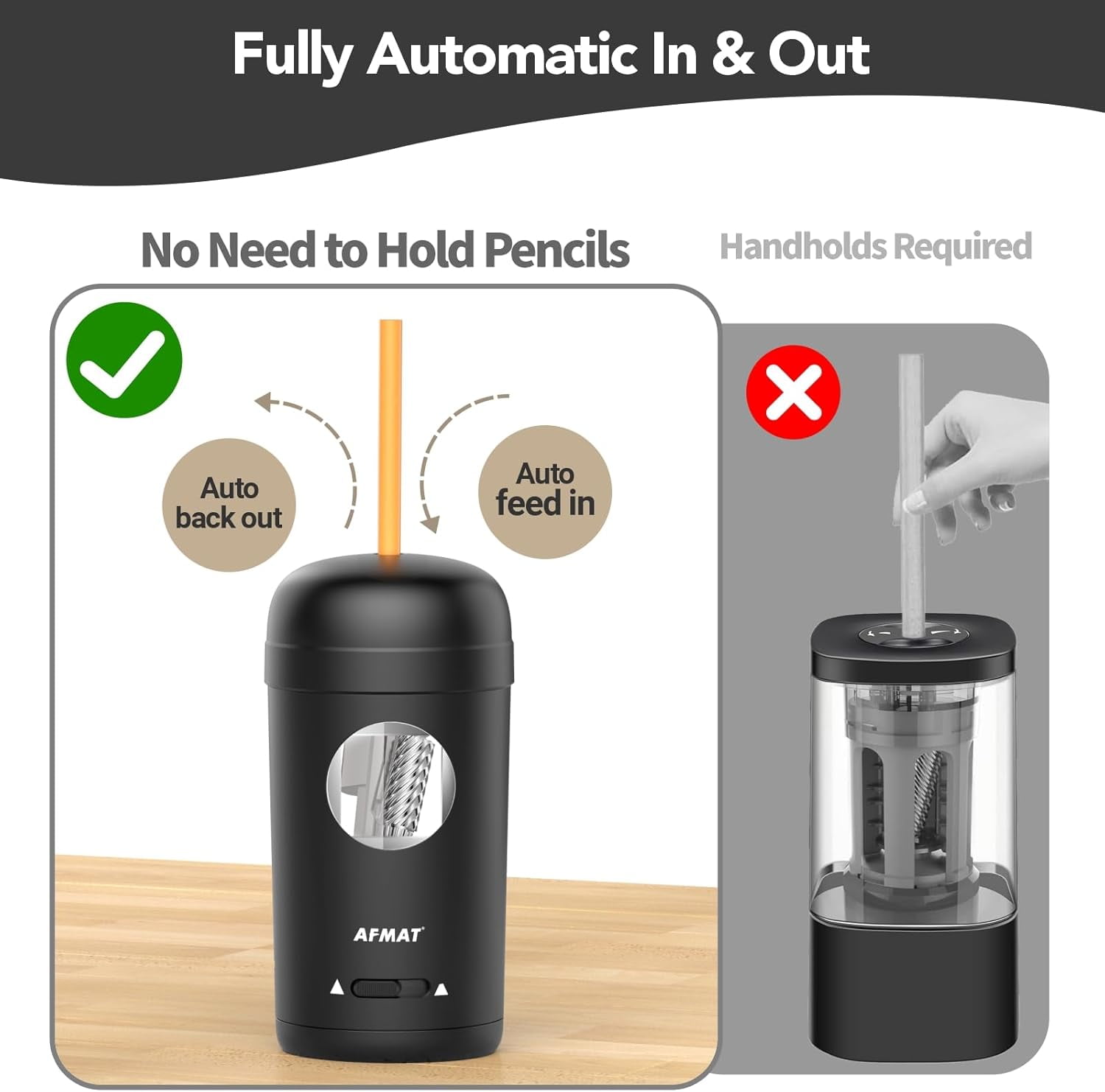 AFMAT Electric Pencil Sharpener, Fully Automatic Pencil Sharpener for 7-8mm Pencils & Colored Pencil, Auto in & Out, Rechargeable Vertical Hands-Free Sharpeners for Classroom/Home/Office,Black
