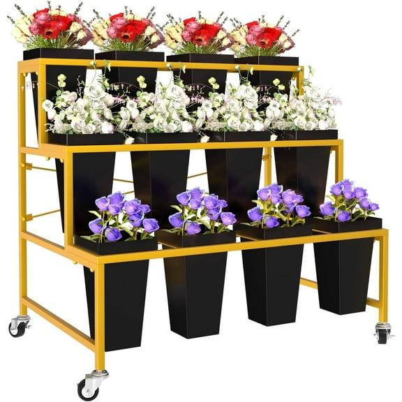 Ztysn Flower Plant Display Stand with 12 Pcs Plastic Black Buckets,3 Tier Heavy Duty Flower Cart Rack for Store Hotel Balcony Home Decor,Metal,Gold
