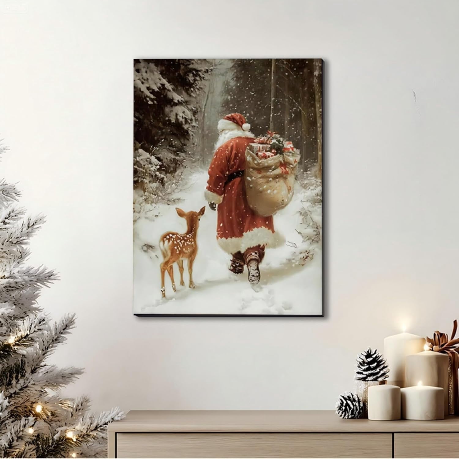 Christmas Wall Art, Santa Claus & Deer Canvas Prints, Christmas Pictures Wall Decor for Living Room & Bathroom, Holiday Painting for Bedroom Party Winter Cottage Artworks Gifts