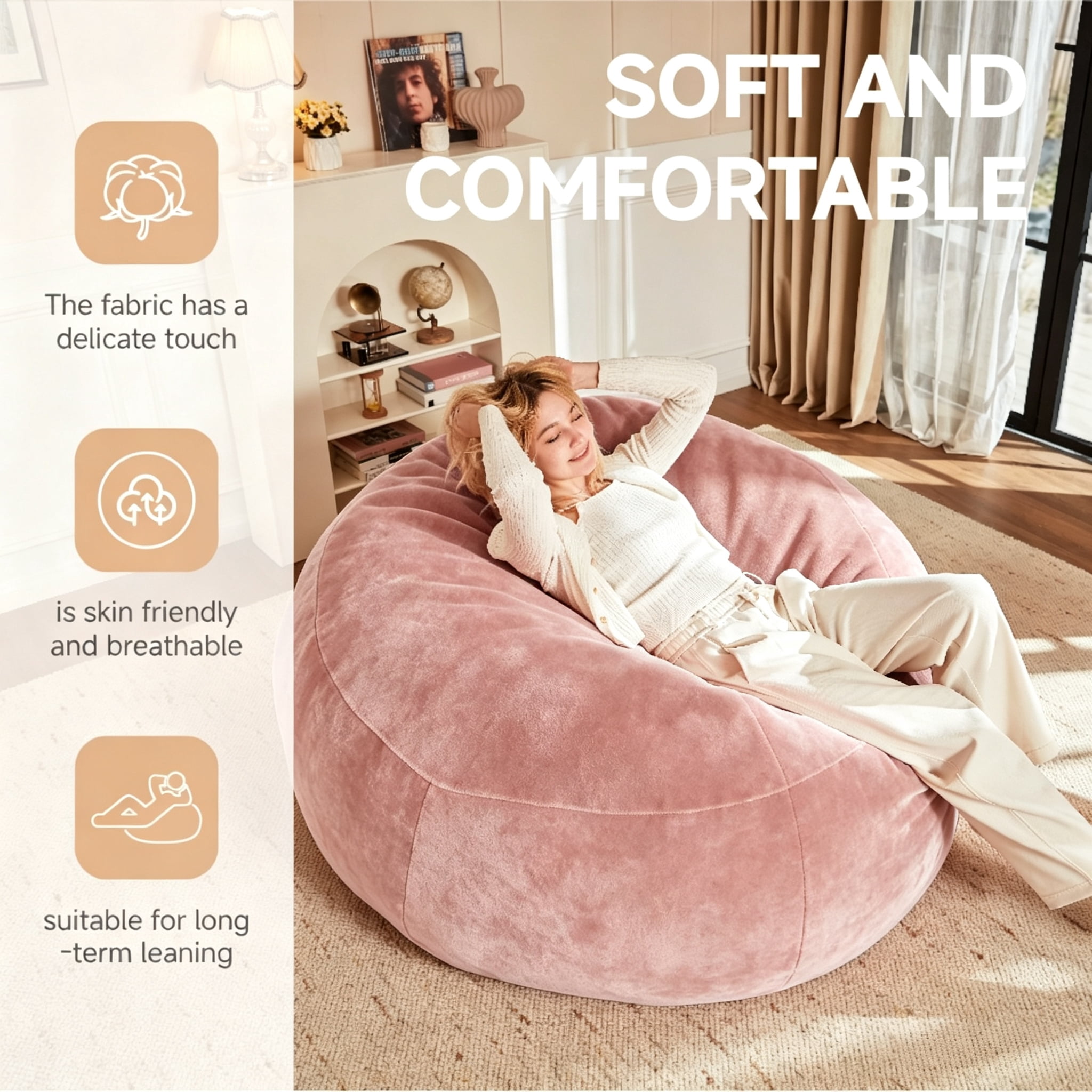ShiKeyi 6FT Bean Bag Chairs for Adults & Teens, Memory Foam Filler Round Sofa Lounge Chair with Removable Washable Flannel Cover for Bedroom Dorm, Pink