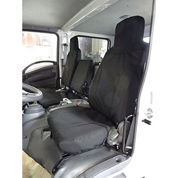 IS2 2006-2021 Isuzu NPR, Durafit Heavy-Duty Exact Custom-Fit Seat Covers FRONT AND REAR SEATS 40/60 Split Bench Front and Solid Bench Rear Seat in Black Endura