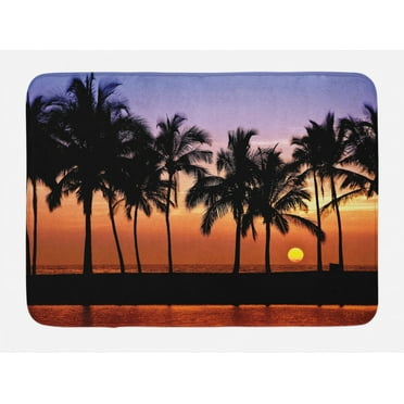 Hawaiian Bath Mat, Hawaiian Sunset on Big Island Anaehoomalu Bay Ocean Romantic Resort, Non-Slip Plush Mat Bathroom Kitchen Laundry Room Decor, 29.5 X 17.5 Inches, Lilac Dark Orange Black, Ambesonne