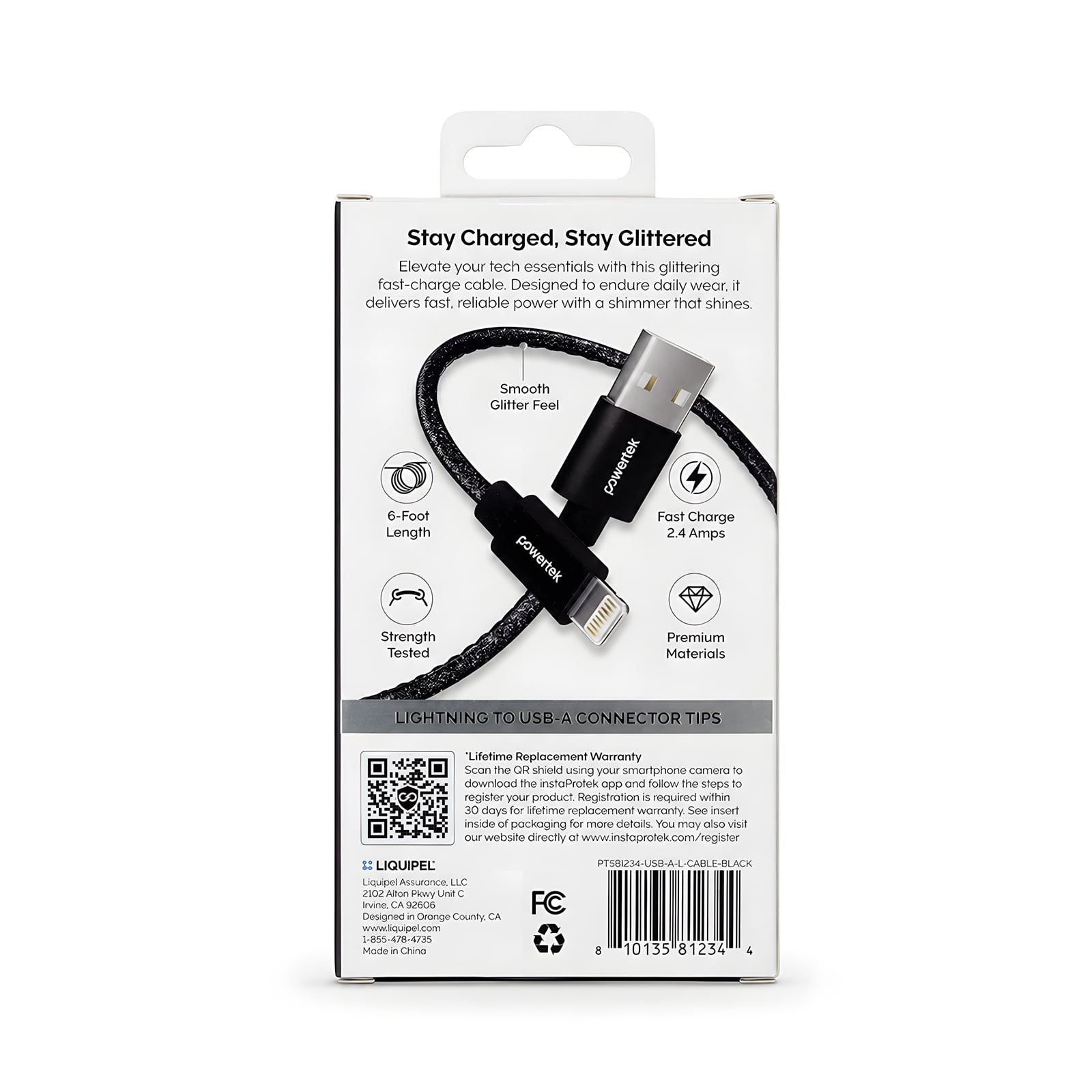 Powertek USB-A to Lightning Cable, Fast Charging iPhone Charger Cord, Durable Tangle-Resistant Sync Cable, Black Glitter, 6FT