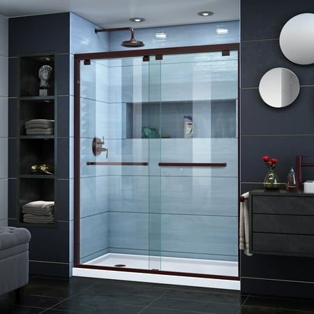 Bronze Sliding Shower Door DreamLine Encore 34 in. D x 60 in. W x 78 3/4 in. H Bypass Shower Door in Oil Rubbed Bronze and Left Drain White Base Kit ()