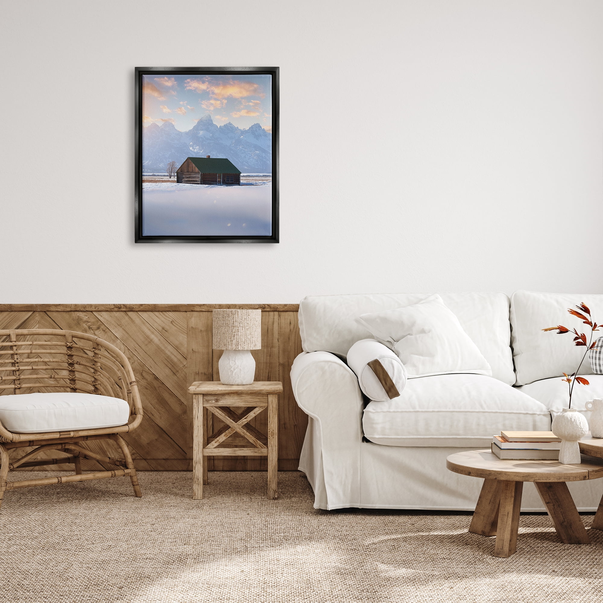 Stupell Industries Snowy Winter Cabin Landscape Photography Black Floater Framed Canvas Art Print Wall Art, 25 x 31