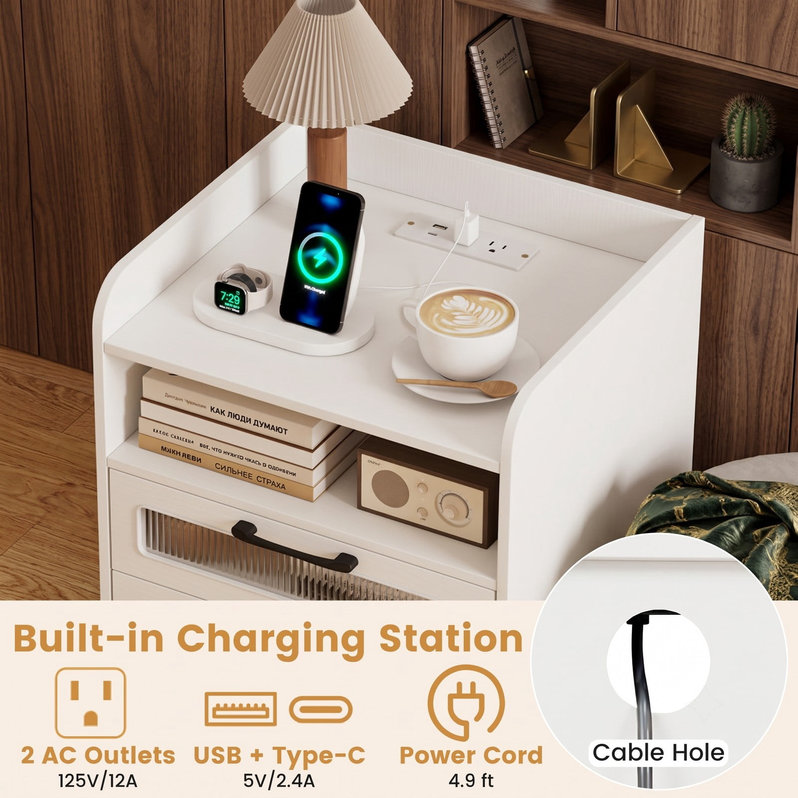 Furnibear Mid Century Nightstand with Charging Station and LED Lights, Bedside Table with 2 Drawers and Open Shelf for Bedroom, White