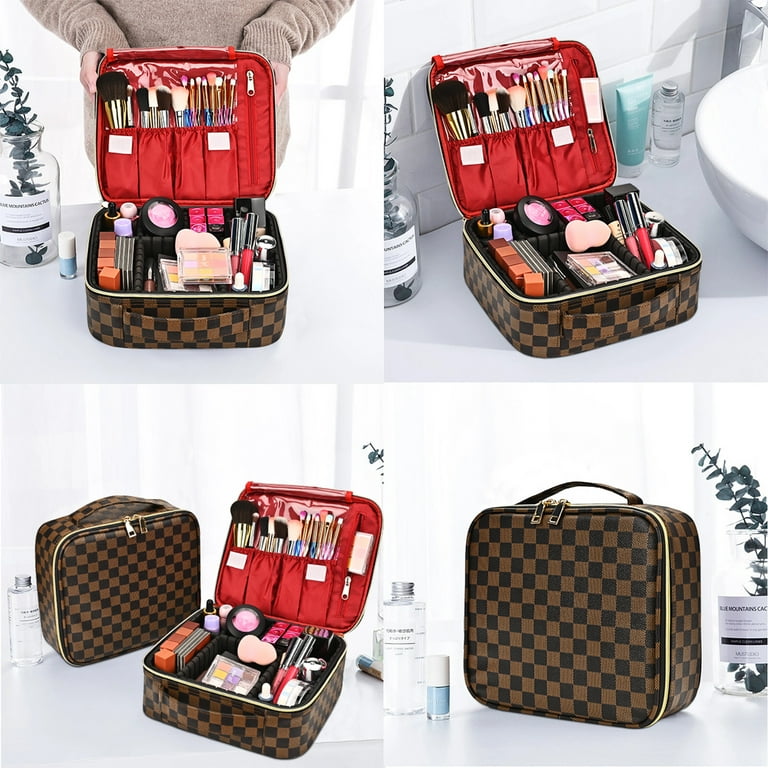 LOKASS Makeup Bag for Women Checkered Travel Case Leather Cosmetic Organizer Tools Toiletry Jewelry, Size: 10.2 x 9.4 x 3.7, Brown