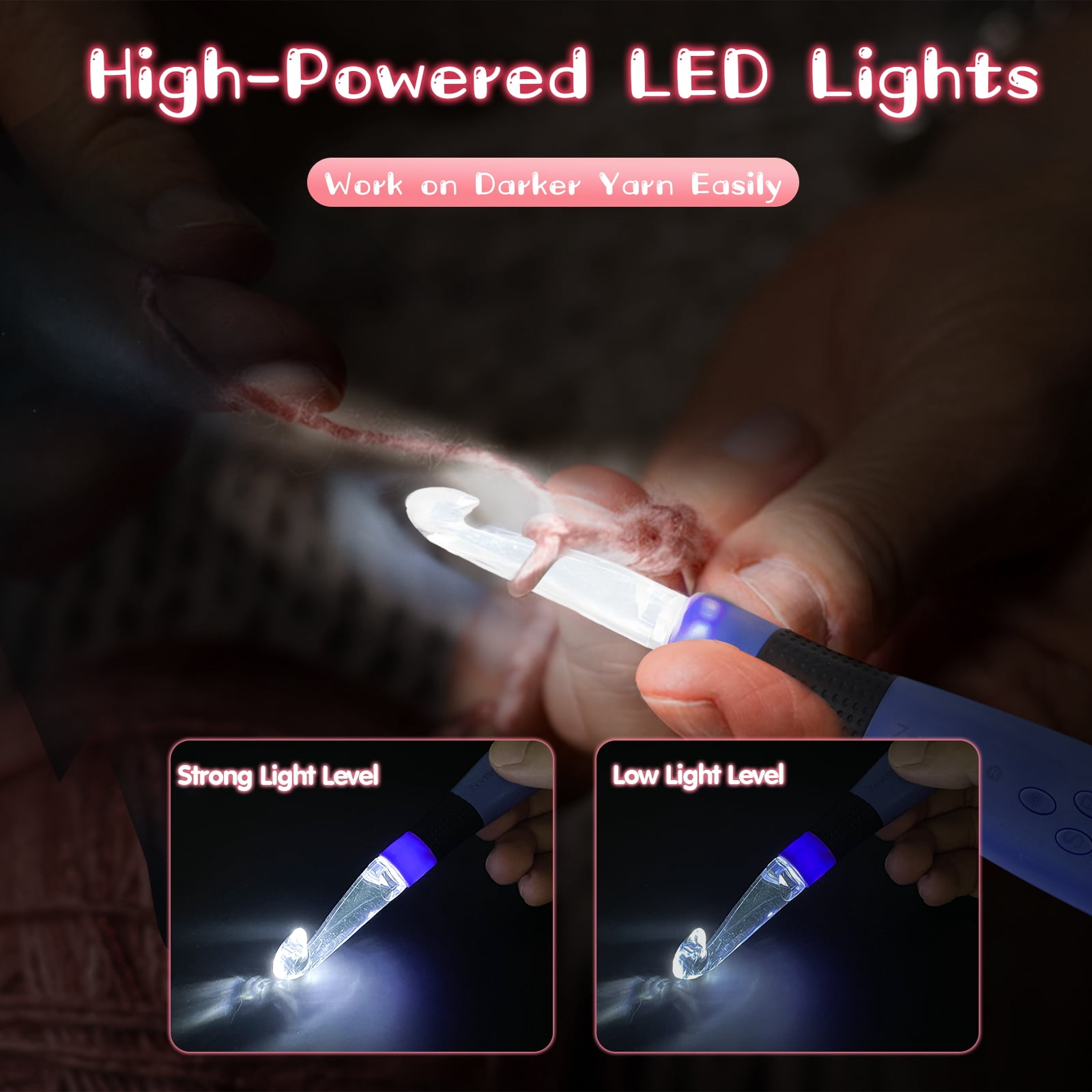 Crochet Hook with 22 Different Size, for Stitch & Row Counter, Light Up Interchangeable Crochet Needle, Ergonomic Crochet Hooks with 2 Levels Led