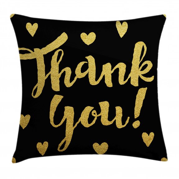 Thank You Throw Pillow Cushion Cover, Cursive Lettering with Sweet Hearts on Dark Background, Decorative Square Accent Pillow Case, 24" X 24", Pale Earth Yellow and Charcoal Grey, by Ambesonne