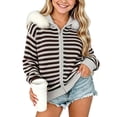 thumbnail image 2 of MKOSPLRT Kids Cardigan Sweaters 7-15 Years Zip up Striped Knit Hoodie Fluffy Trim Hooded Lightweight Jacket Oversized Long Sleeve with Pocket, 2 of 8