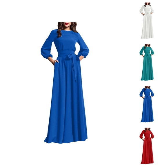 Maxi Dresses for Women 3/4 Length Lantern Sleeve Crewneck Tie Waist Dresses Wedding Guest Dress