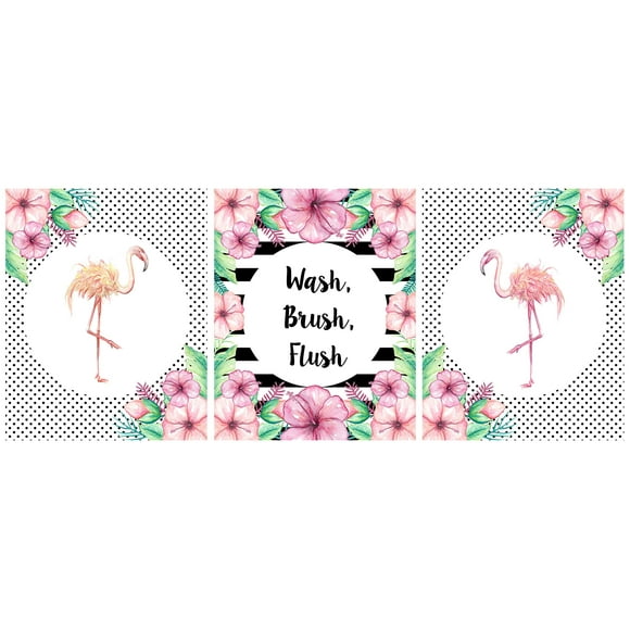 Flamingo Bathroom Decoration Decor Wall Art Set (Set of Three) Wash Brush Flush Floral Black White