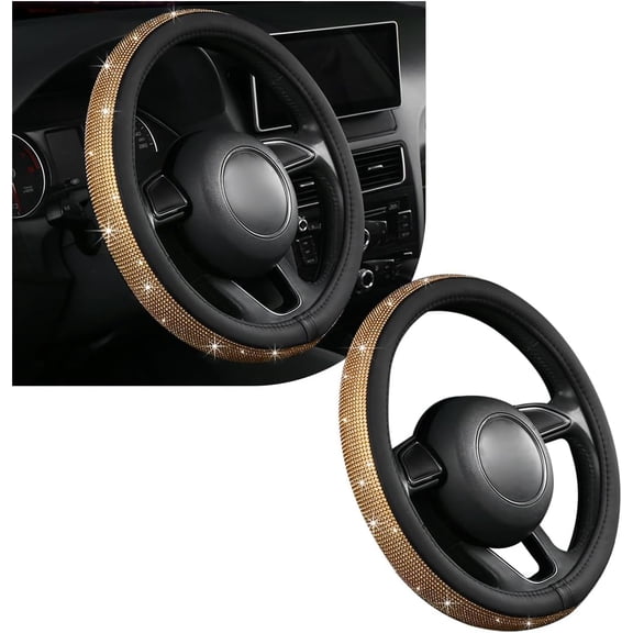 Bling Car Steering Wheel Cover, Sparkling Crystal Rhinestone Auto Wheel Protector, Anti Slip Cover Fit 15 Inch Steering Wheel for Women Girls, Universal Car Accessories (Golden)