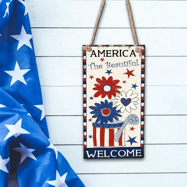 KEVCHE 8" Door Decor with American Flags Fourth of July Porch Signs