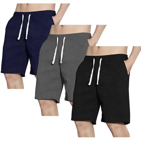 ASUDESIRE 3 Pack Men's Shorts Waffle Textured Casual Shorts with Pockets Drawstring Elastic Waistband