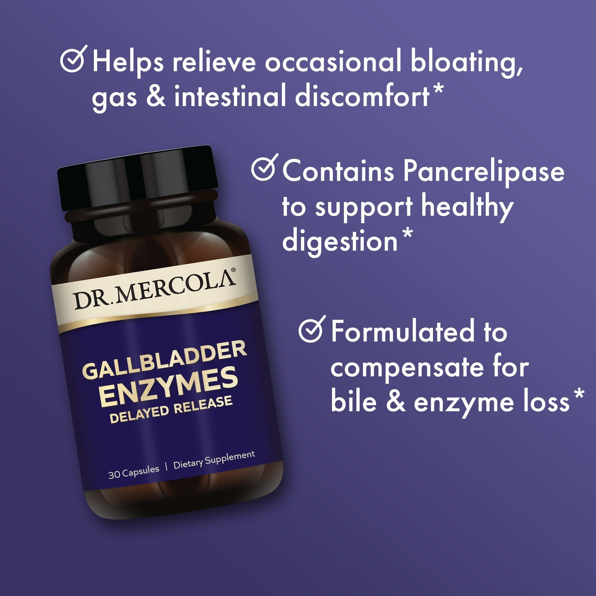 Dr. Mercola Gallbladder Enzymes - Gallbladder & Digestive Health Support - Includes Pancreatic Protease, Amylase & Lipase - Non-GMO, Gluten-Free & Soy-Free - 90 Delayed Release Capsules (90 Servings)