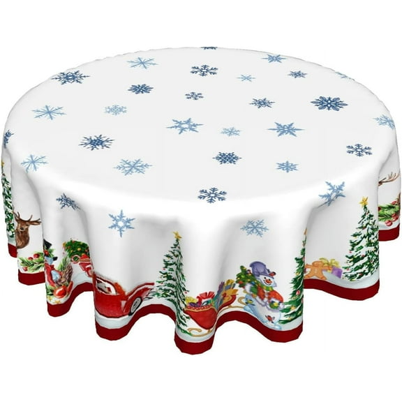 Christmas Tablecloth, Round Table Christmas Tablecloth 60 Inch, Snowman Christmas Table Cloth, Washable Polyester Farmhouse Tablecloths For Dinner Room Picnic Indoor Outdoor Party Christmas Decoration