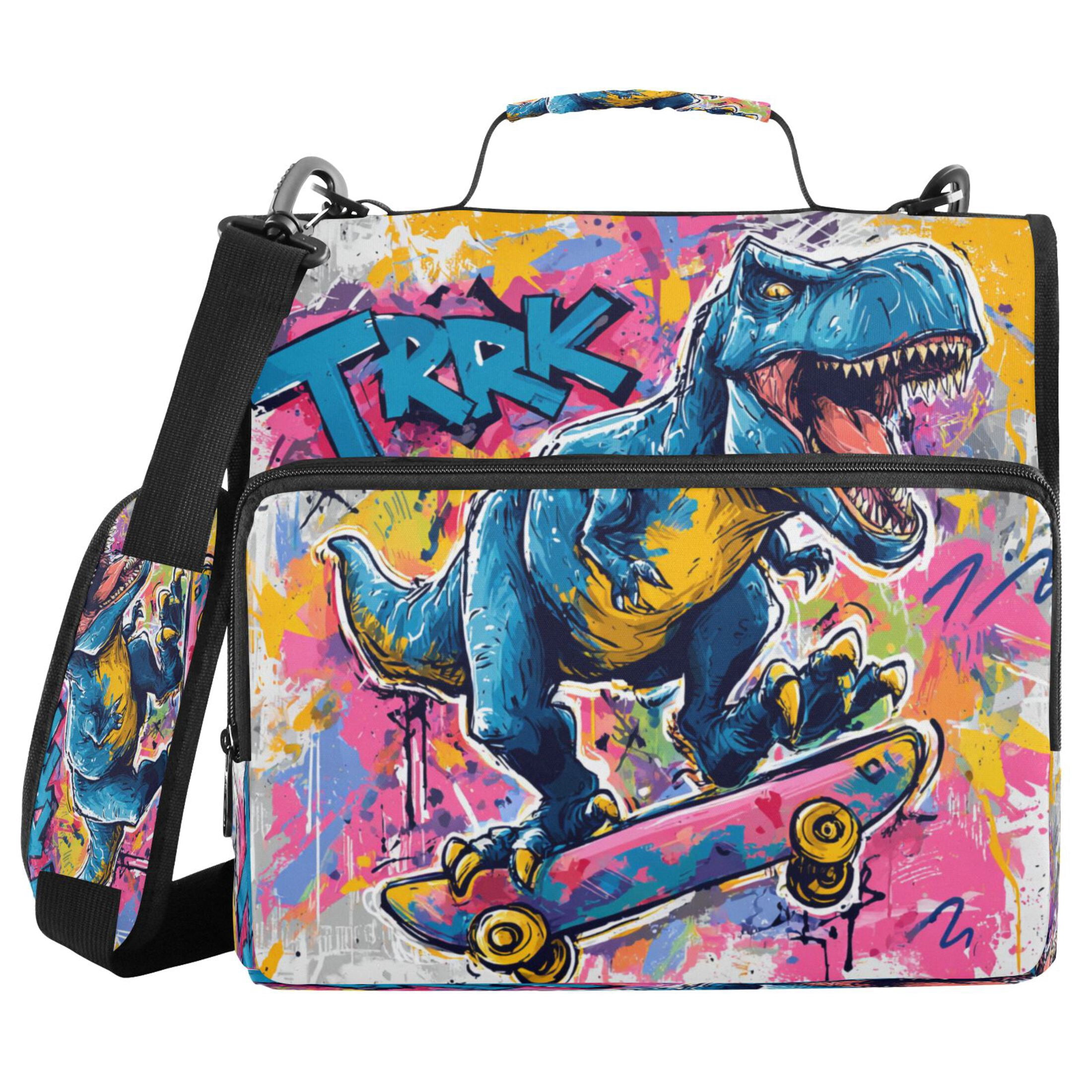 3 Ring Zipper Binder Stationery Organizer for Study Work Home Travel, All-Purpose File Folder Storage Bag for Daily Document Organization Street Art Dinosaur Design