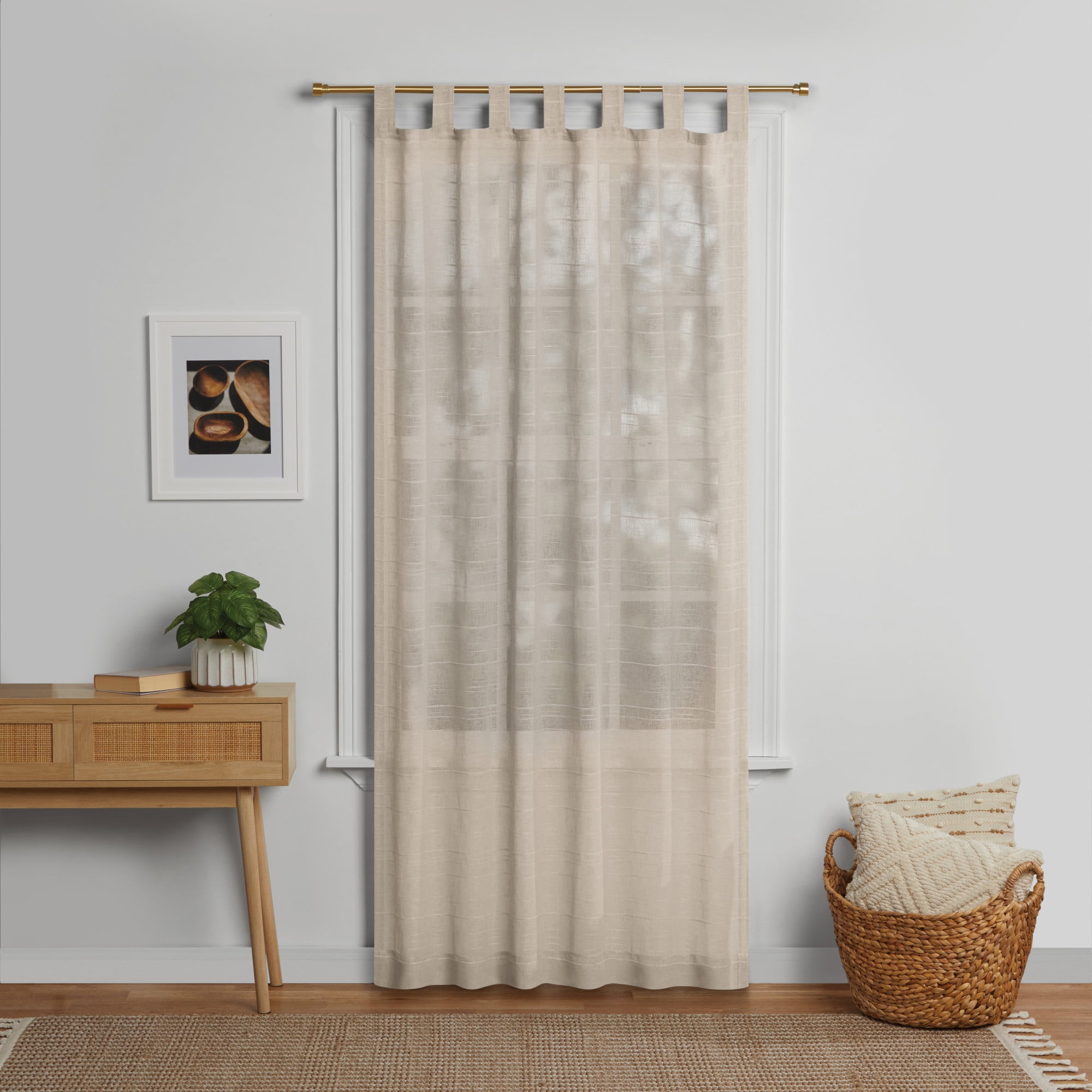 Mainstays Woven Stripe Sheer Indoor Curtain Single Panel, Tab Top, Papyrus Beige, Polyester, 50"W x 84'L, Adult