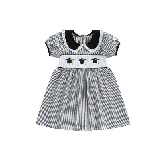 Toddler Baby Girls Summer Dress Graduation Cap Pattern Striped Print Doll Collar Short Sleeve Smocked Dress Cute Graduation Clothes