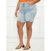 ELOQUII Elements Women's Plus Size Distressed Denim Bermuda Shorts