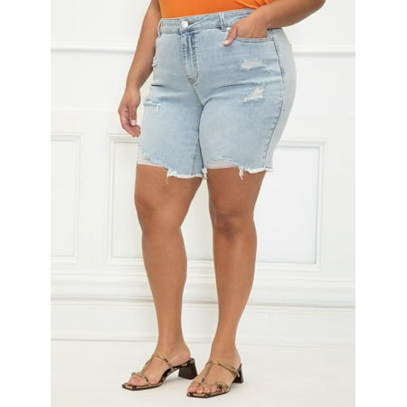 ELOQUII Elements Women's Plus Size Distressed Denim Bermuda Shorts