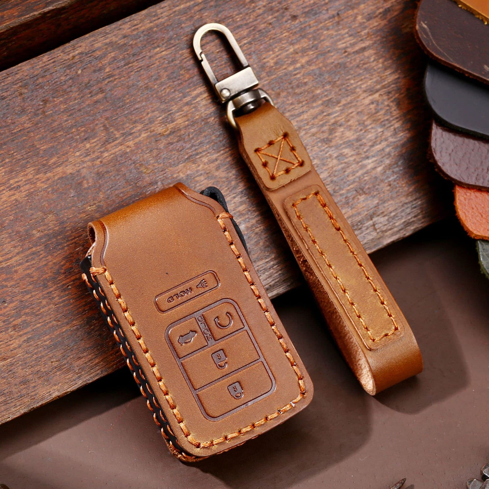 Key fob Cover with Keychain Leather Key Full Cover Protection Key Fob Case Fit for Honda Accord Civic CRV Pilot Odyssey Passport Smart Remote Key Cover