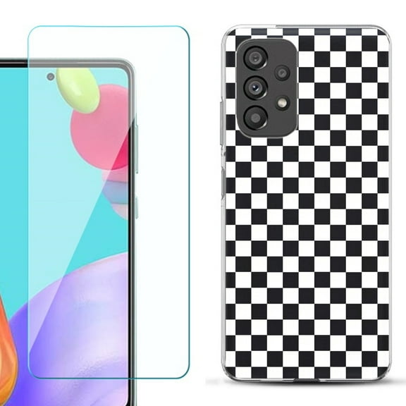 Slim-Fit Fashion Phone Case for Samsung Galaxy A53 5G, with Tempered Glass Screen Protector, by OneToughShield ® - Checker B/W